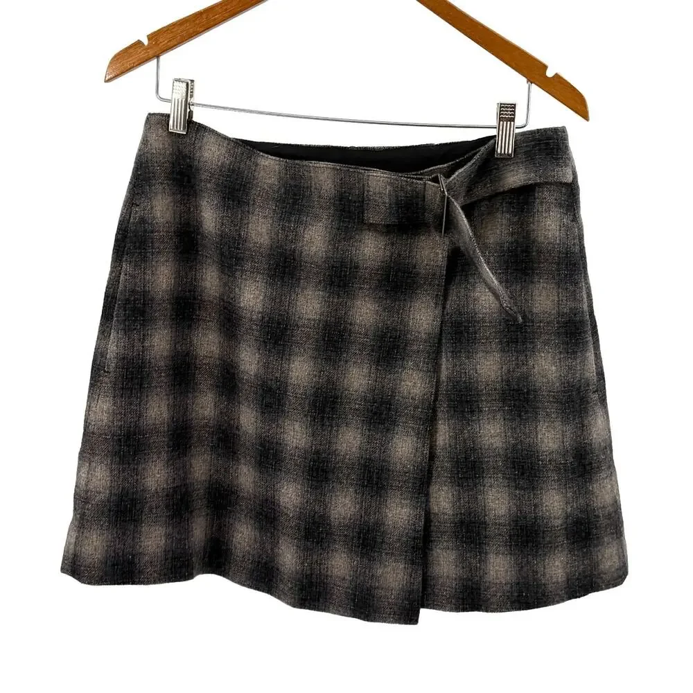 Madewell Grey Brown Plaid Wrap Belted Mini Skirt